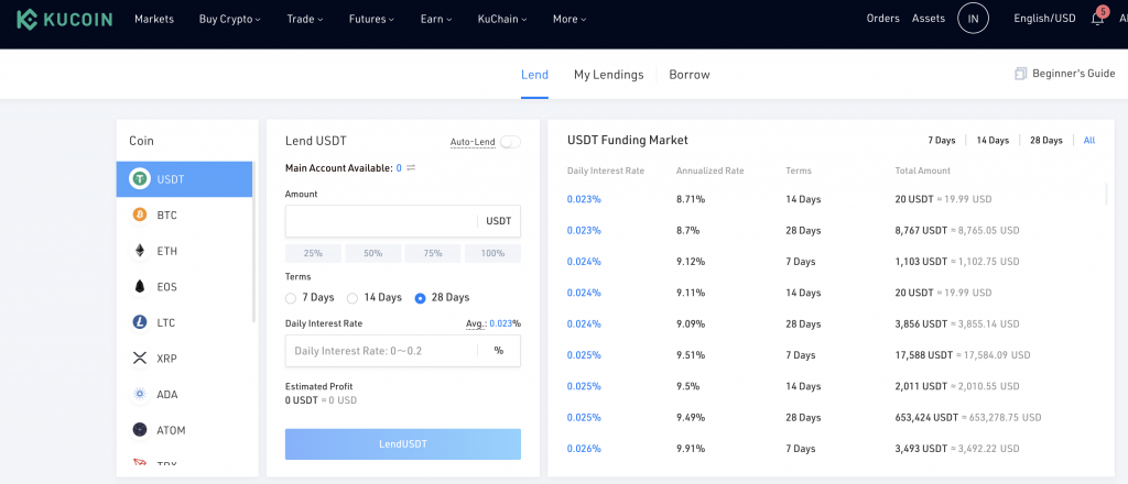 KuCoin lending assets and rates