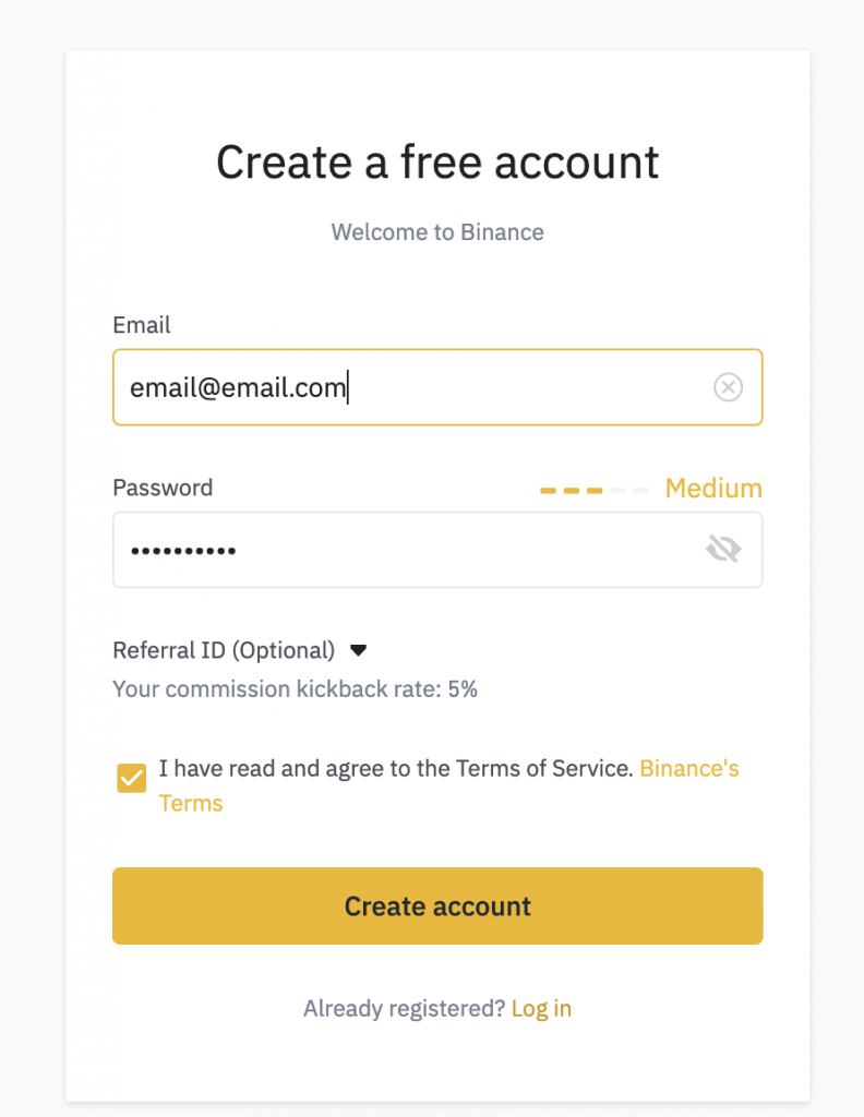 Register an account with Binance step