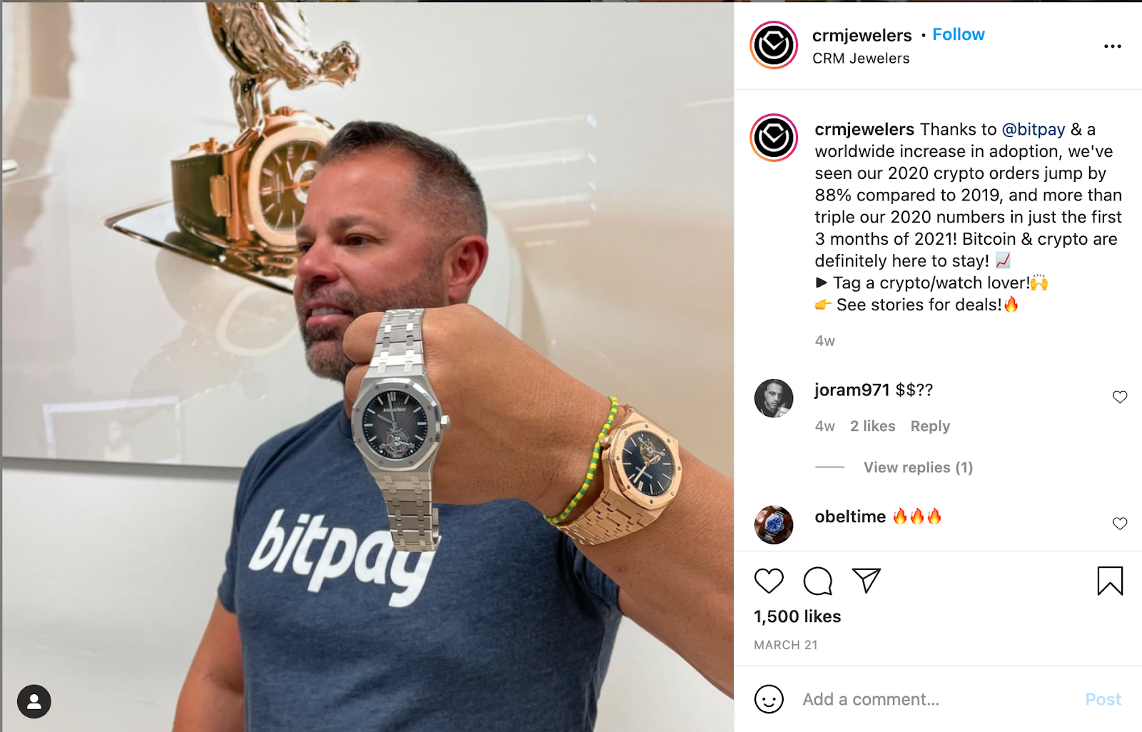 CRM Jewelers showcasing a watch on Instagram
