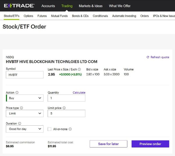 Página de pedido ETrade Stock / ETF.