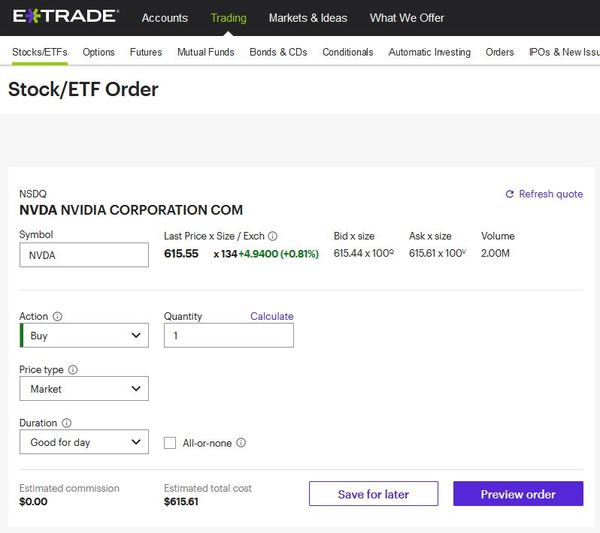 ETrade Stock/ETF rendelési oldal.