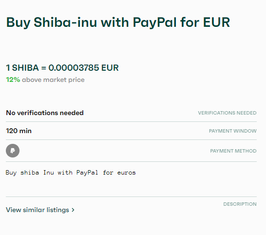 Buy Shiba Inu SHIB with PayPal via Bitvalve P2P exchange and no KYC information about the trade