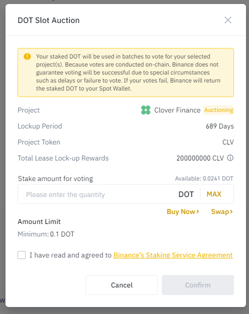 Polkadot Parachain Auctions Terms and Condistions on Binance Earn explained screenshot