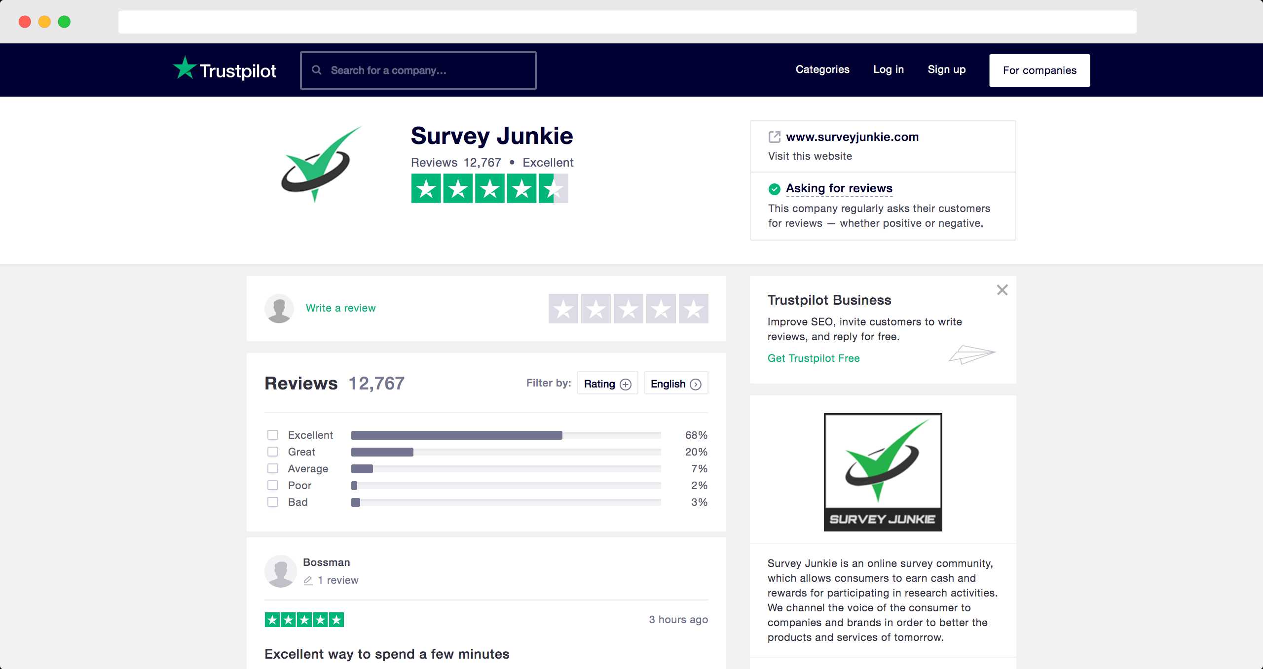 Trustpilot για το Survey Junkie