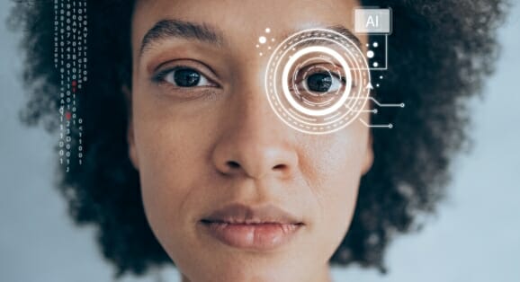 Security biometric retina scanner on woman's eye.