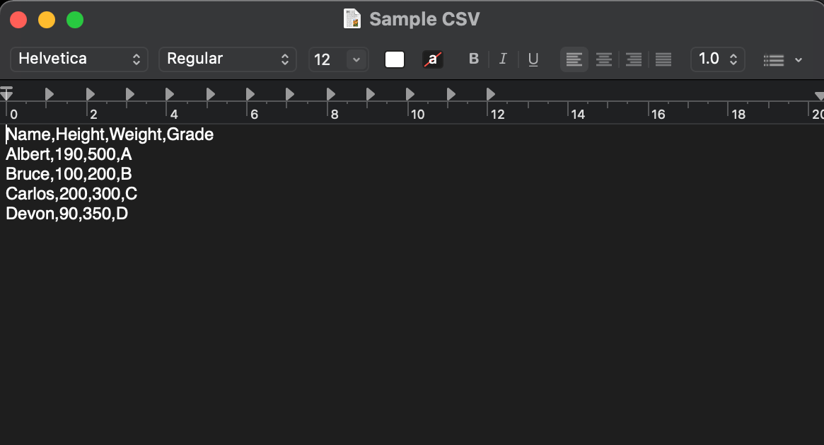Sample plain text data in a CSV format