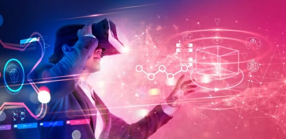 Businesswoman use VR virtual reality goggle and experiences of metaverse virtual world for business future. Visualization, Gaming and AI in the workplace concept.