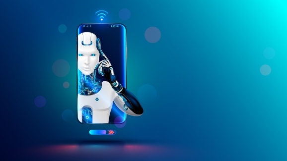 Artificial intelligence in phone. Mobile online chat bot in smartphone. Cyborg or robot with AI look out of screen phone. Chatbot, internet helper, virtual support of web services.