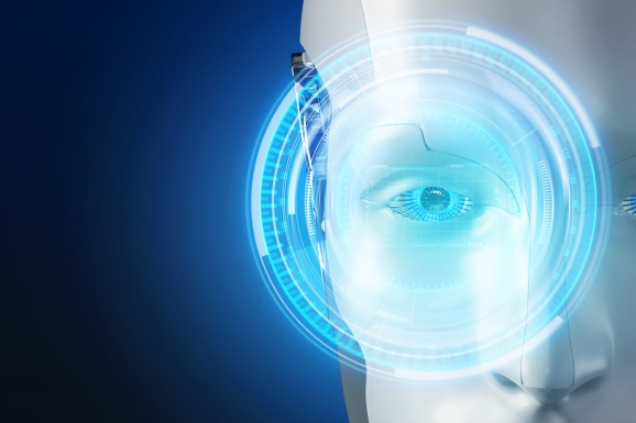 Front view of 3d rendering closeup AI robot eye with showing digital metered circular screen.