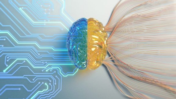 Artificial intelligence brain with circuitry and big data.