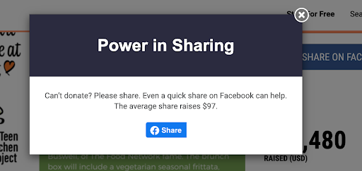 Hier ist ein Beispiel für einen Share-Button auf einer Spendenseite für virtuelle Events.