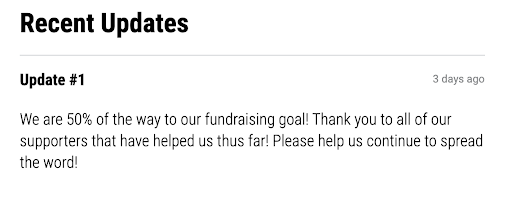 Aquí hay un ejemplo de una actualización de campaña en una página de donación de evento virtual.