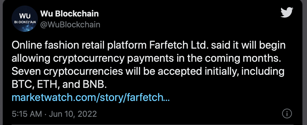 レポート：支払いのために暗号資産を受け入れる高級ファッション小売業者Farfetch