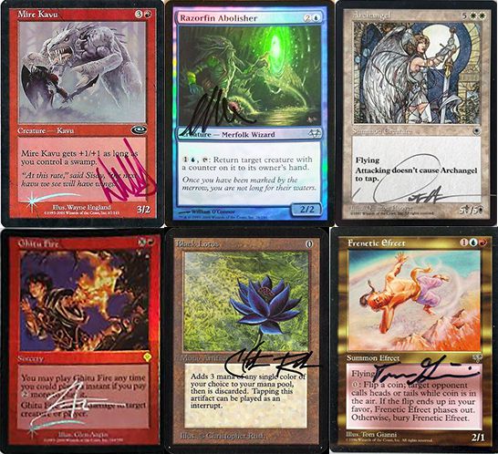 A series of signed MTG cards, including the Black Lotus — Magic’s most valuable card.