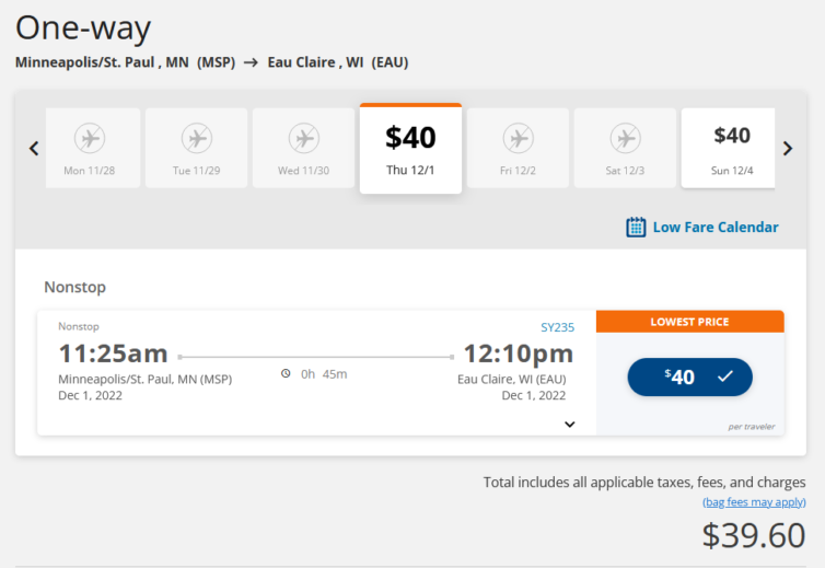 This screen shot shows the inaugural flight selected. It departs at 11:25 AM and arrives at 12:20 PM. The true prices is 39.60.