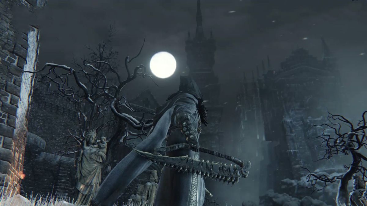 The hunter looks up at a full moon in Bloodborne