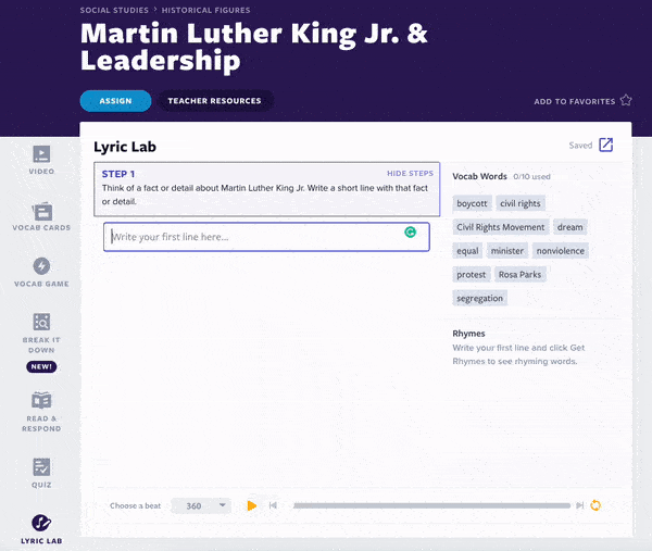 Martin Luther King Jr. speech analysis assignment on Lyric Lab