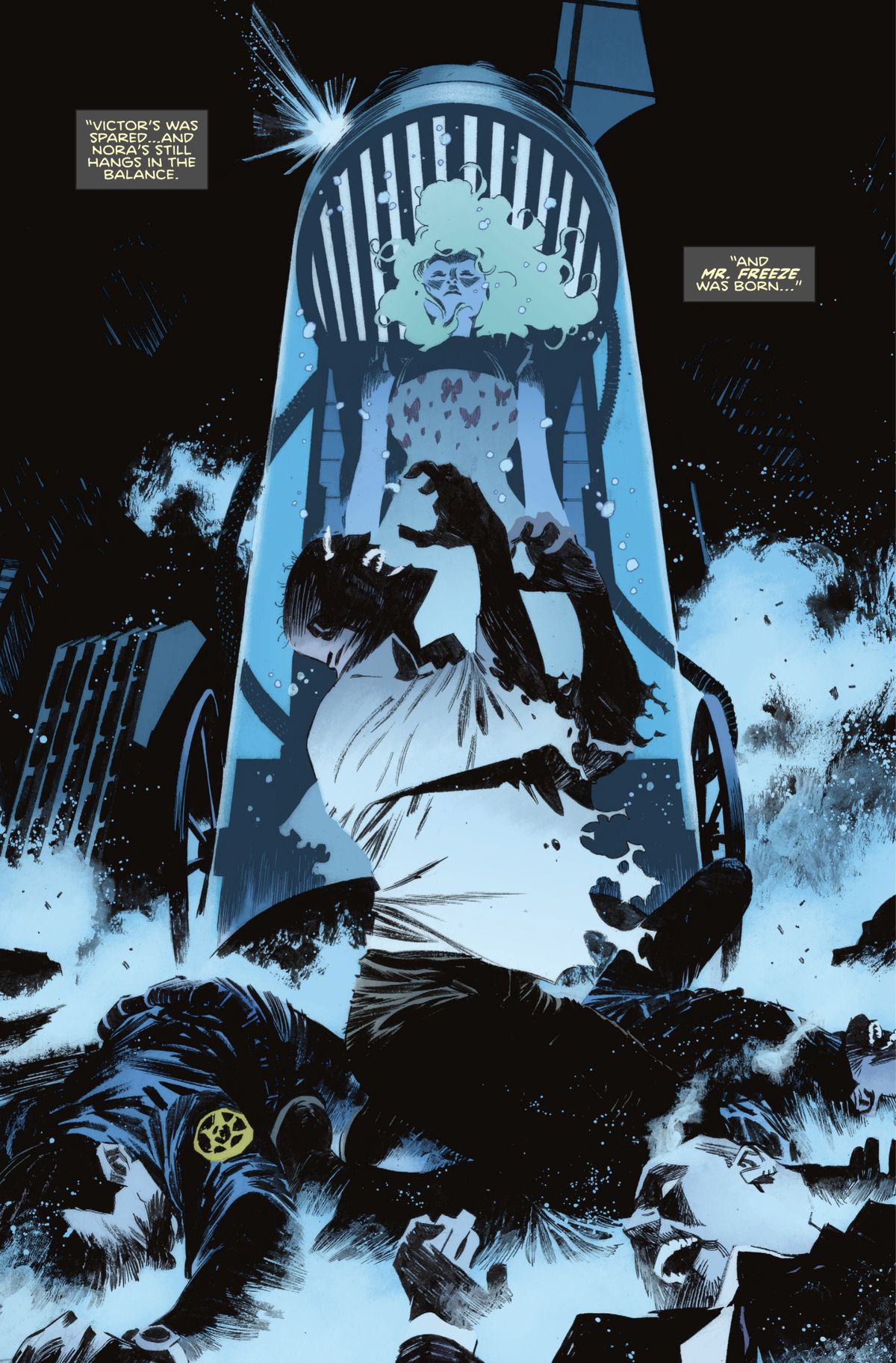 Depicted in icy blues and black negative space, Victor Fries falls to his knees in agony before the capsule that holds his sick wife in frozen stasis in Batman: One Bad Day — Mr. Freeze. 