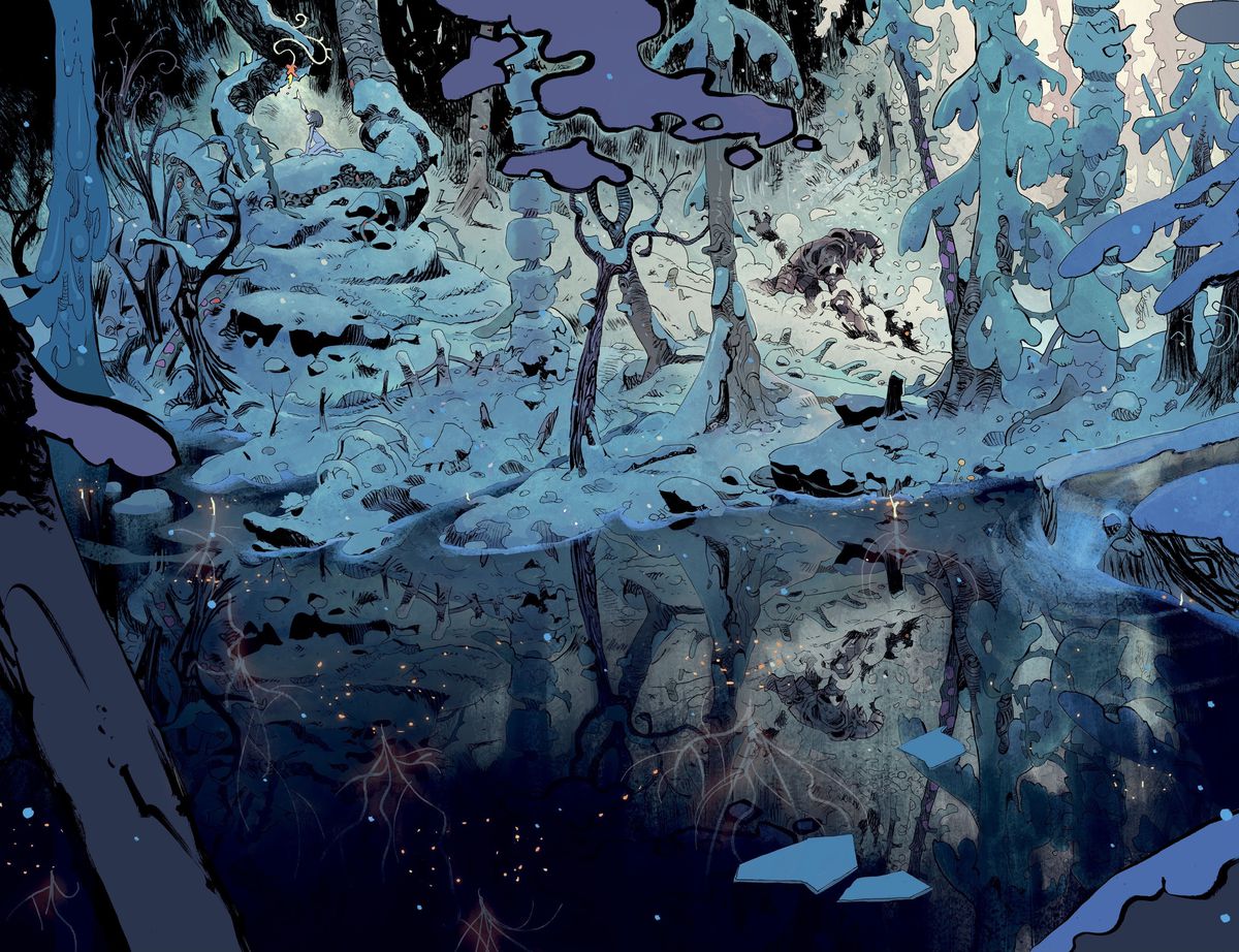 A snowy landscape of the bank of a still and icy stream. On the left, a small, naked child reaches for the glowing fruit of a dangling plant. On the right, in the distance, a larger than life figure in a suit of black armor battles messily in the snow with a fanged monster in Step by Bloody Step. 