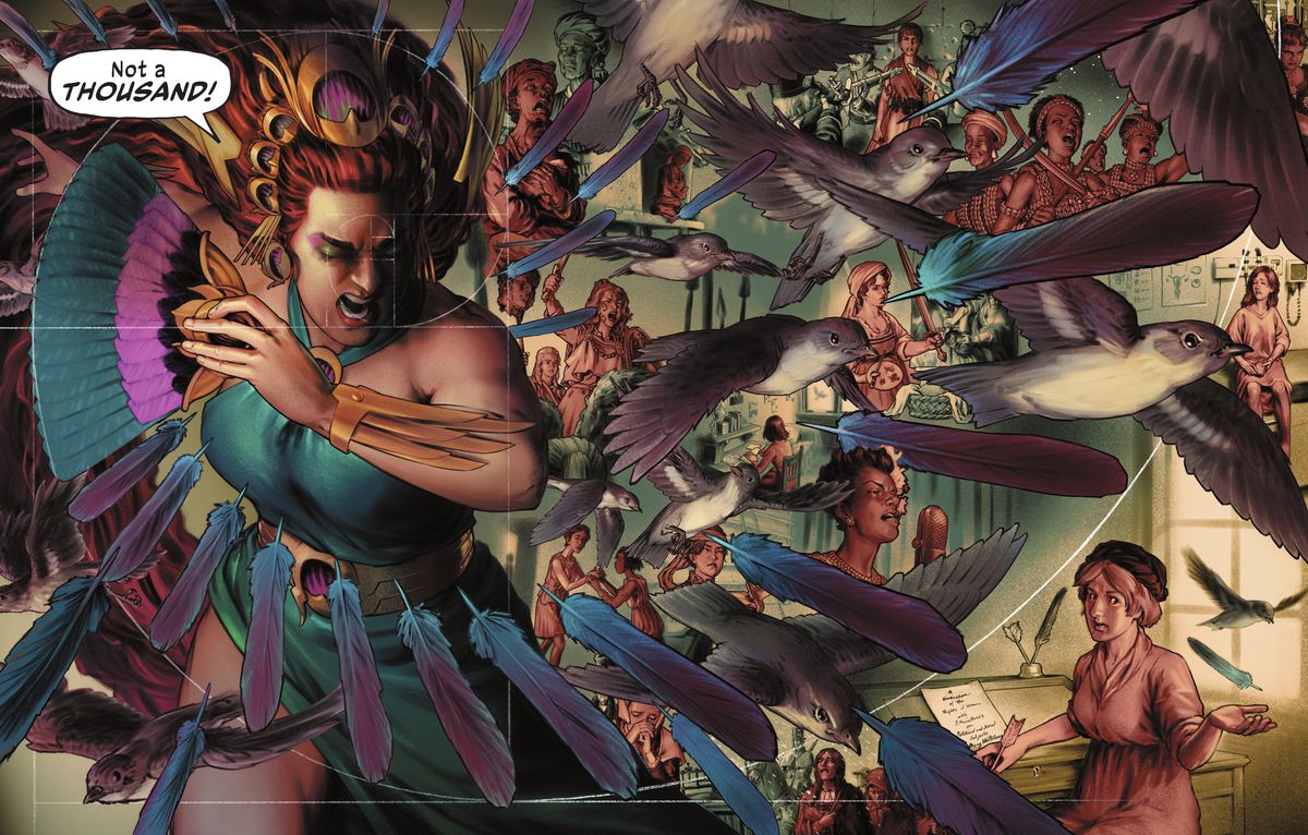 “Not a THOUSAND,” Hera roars, swinging her fan. Feathers fly off of it in the curve of the Golden Spiral, the feathers transform into birds, and behind all of it are scenes of women suffering and fighting through all history, in Wonder Woman Historia: The Amazons. 