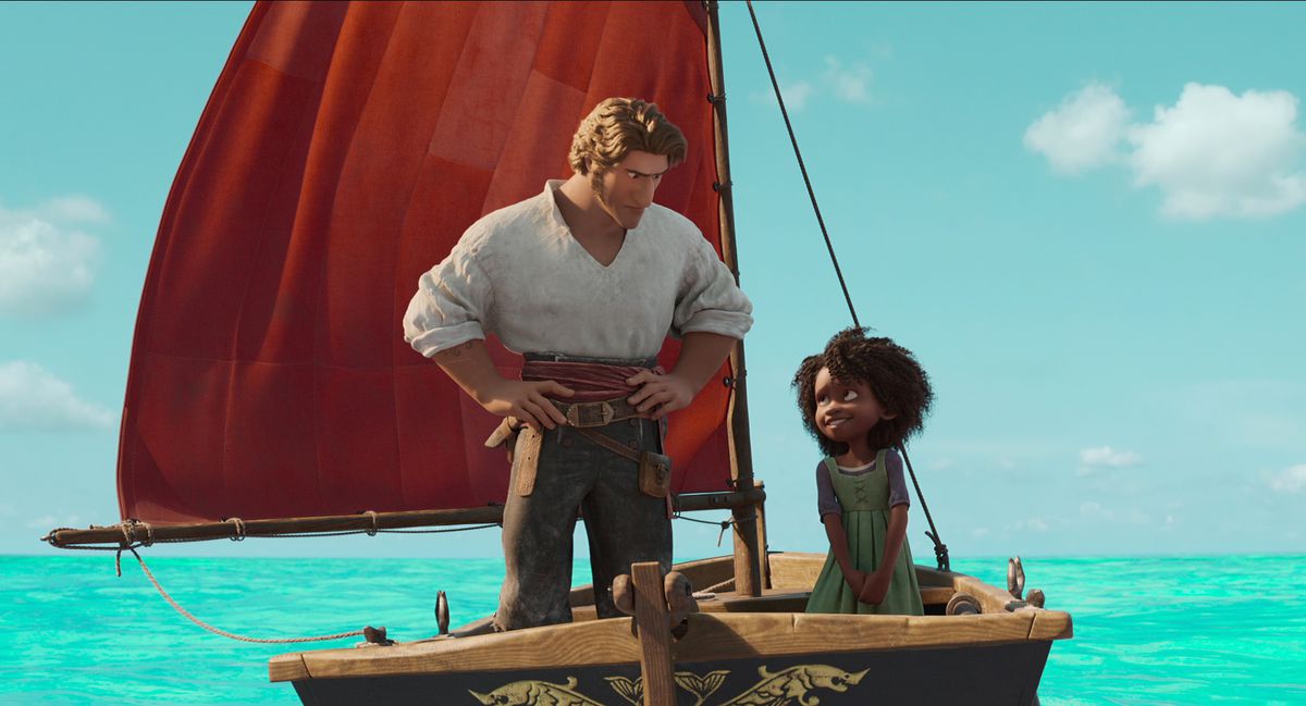 A child looks up at a stern man sweetly. THe two are on a boat with a red sail in The Sea Beast.