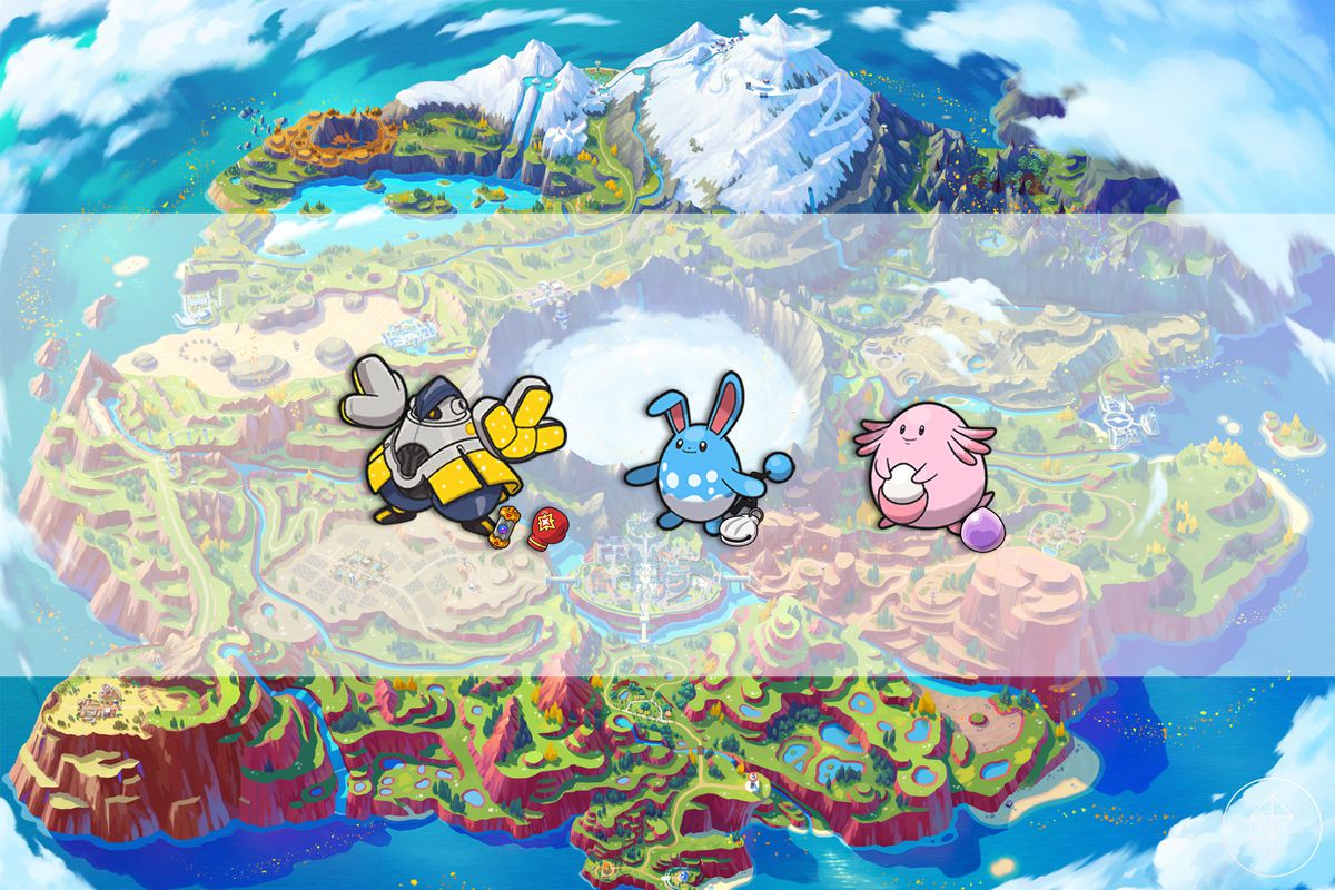 Iron Hands, Azumarill, and Chansey over a map of Paldea with their respective hold items