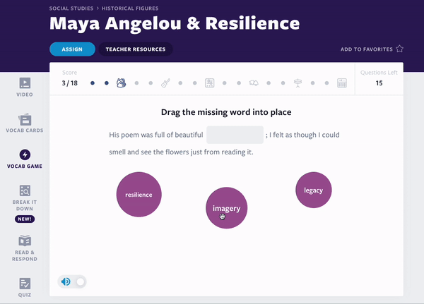 Maya Angelou og Resilience Vocab Game for Black History Month
