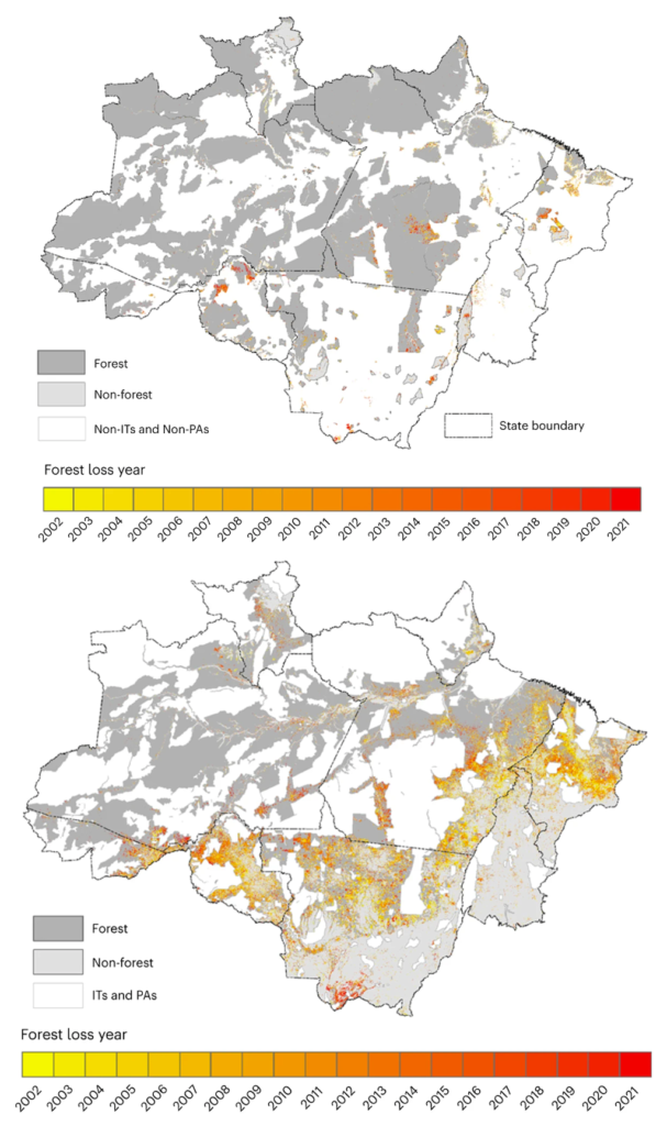 התפלגות המרחבית של כריתת יערות שנתית באמזונס הברזילאי בשטחים ילידים ובאזורים מוגנים (א) ומחוץ לאותם שטחים (ב).