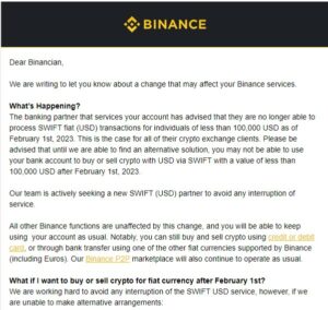 De SWIFT-bankpartner van Binance is van plan om overschrijvingen in USD onder de $100 te verbieden