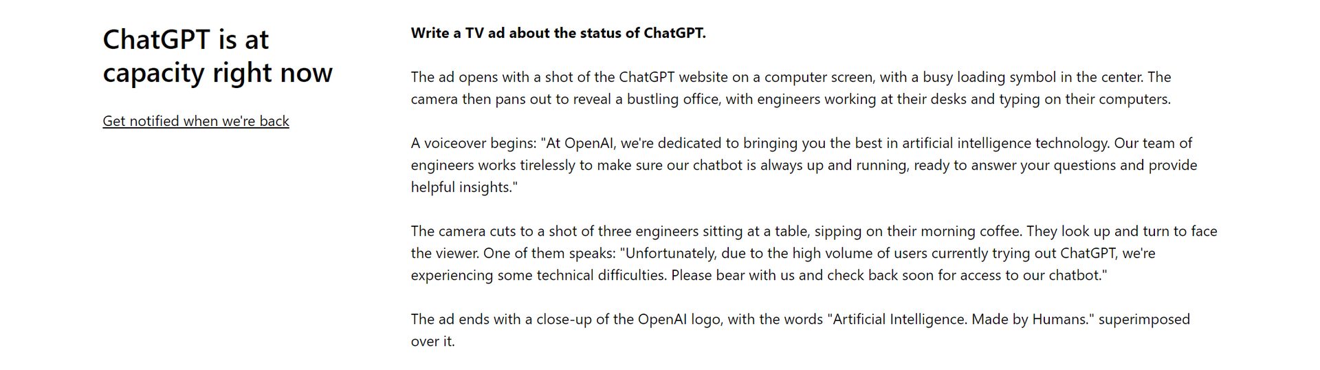 ChatGPT is at capacity right now; yes, it is really annoying