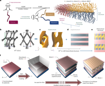 Munculnya jaringan mesh skala nano berlapis melalui perakitan mandiri kurungan molekul intrinsik