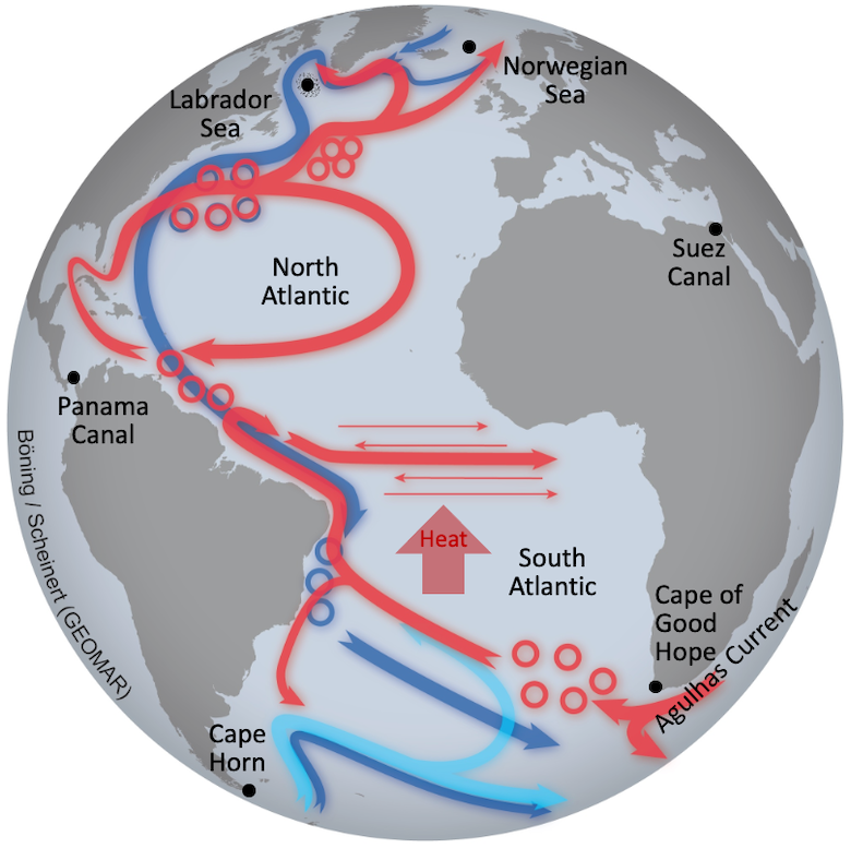 Skematisk over Atlantic Meridional Overturning Circulation (AMOC). Varme overfladenære strømme er vist med rødt, og kolde dybe strømme er i blåt. Kilde: C. Böning og M. Scheinert, GEOMAR.