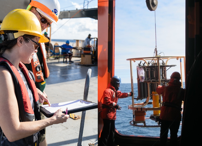 Ilmuwan SAMOC bekerja di kapal pesiar di Atlantik Selatan. Dr Renellys Perez (kiri) memasang pelampung tertambat di Atlantik tropis, 2021, dan Dr Maria Paz Chidichimo (kanan) memasang roset CTD di Drake Passage.