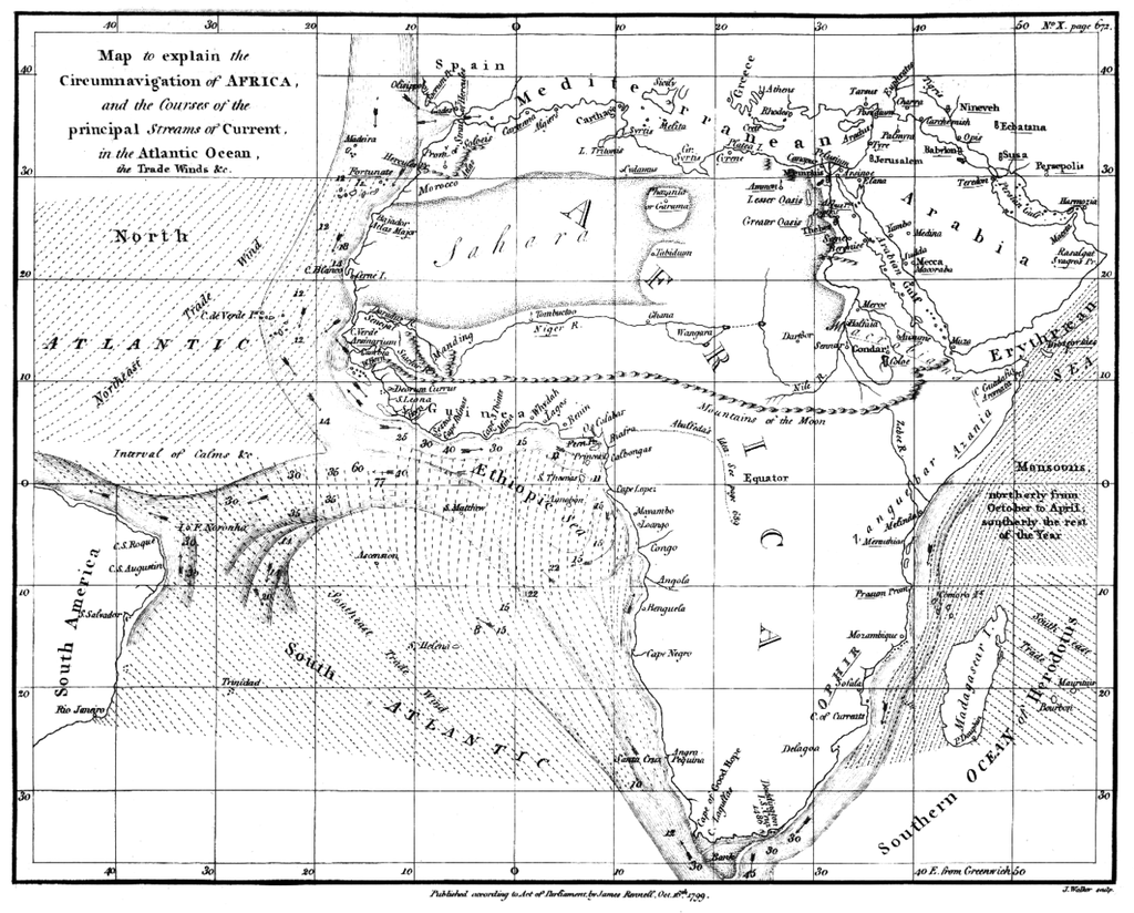The first map of the surface currents of the South Atlantic, produced by British oceanographer James Rennels in 1832. Source: Wikimedia.