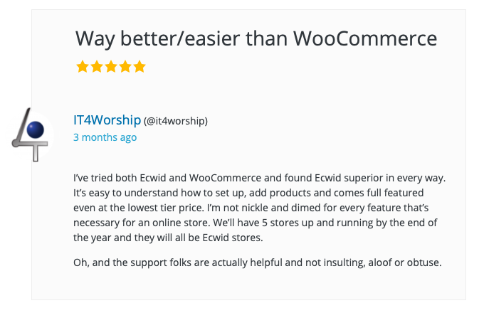 Eine Kundenbewertung des Ecwid E-Commerce-Einkaufswagen-Plugins für WordPress
