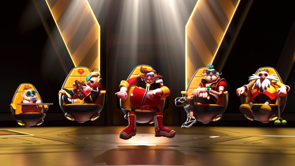 nadomestne različice Robotnixa, od dojenčka do starca, sedijo na lebdečih stolih v Sonic Prime