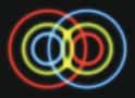 絡み合った状態を表す一連の重なり合う青、赤、黄色の円