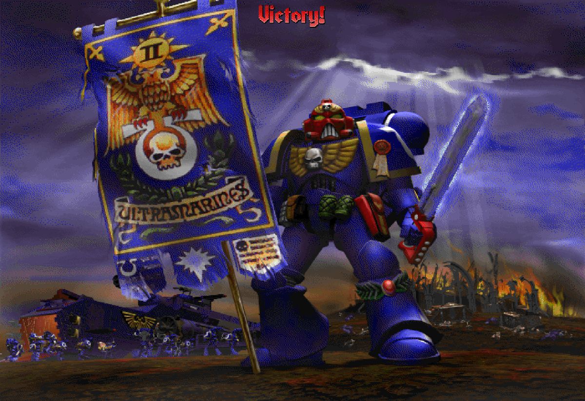 Seorang Marinir Luar Angkasa menancapkan bendera cabangnya di Warhammer 40,00: Chaos Gate dari tahun 1998