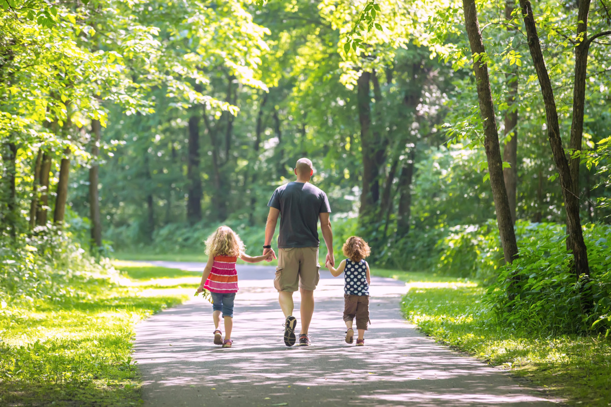 父亲和两个女儿穿过公园的树林