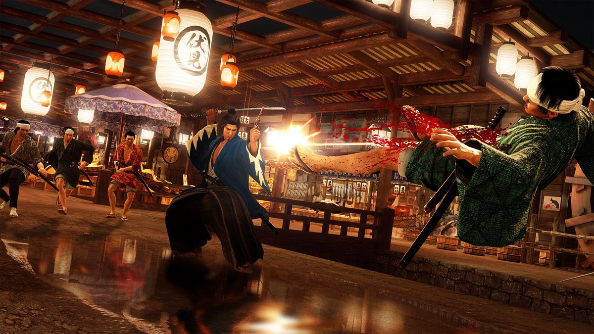 A samurai shoots another samurai with a gun during a sword fight in a building in Like a Dragon: Ishin!