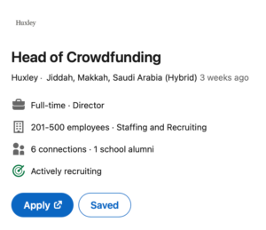 Μια άλλη ενδιαφέρουσα δουλειά: Επικεφαλής του Crowdfunding, Σαουδική Αραβία