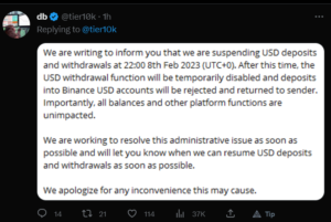 Binance To Hold USD Bank Deposit and Withdrawals