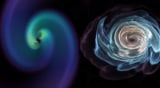 Visualisasi yang menunjukkan efek penggabungan bintang neutron pada gravitasi dan materi