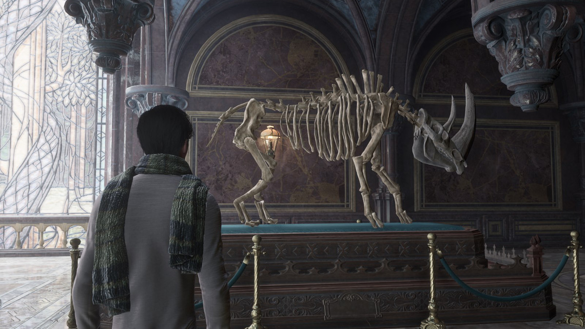 Rhinocerous skeleton in Hogwarts Legacy