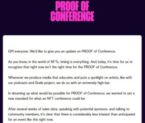 Nifty News: PROOF sagt NFT-Konferenz ab, Bitcoin-Meme-Ersteller kassiert 150 US-Dollar und mehr