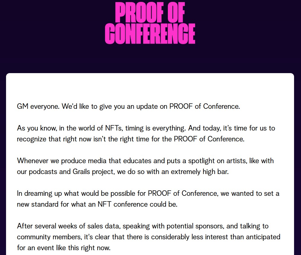 Nifty News: Η PROOF ακυρώνει τη διάσκεψη NFT, ο δημιουργός meme Bitcoin εξαργυρώνει 150 $ και πολλά άλλα