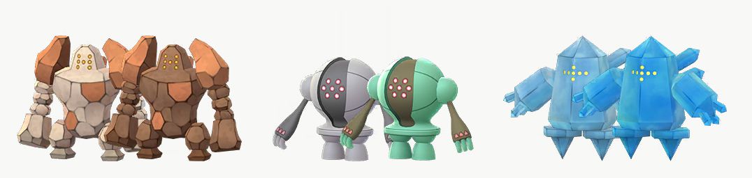 Shiny Regirock, Registeel, and Regice, with their regular forms in Pokémon Go