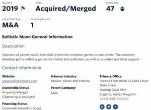 Sony har verkligen förvärvat en ny studio Ballistic Moon, enligt Records