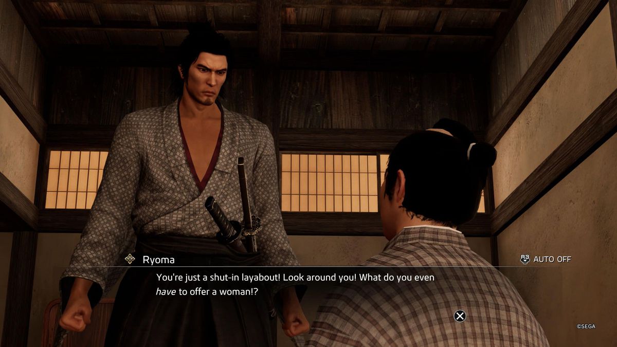 Ryoma talks to a man in a dimly lit building during a Like a Dragon: Ishin! substory.