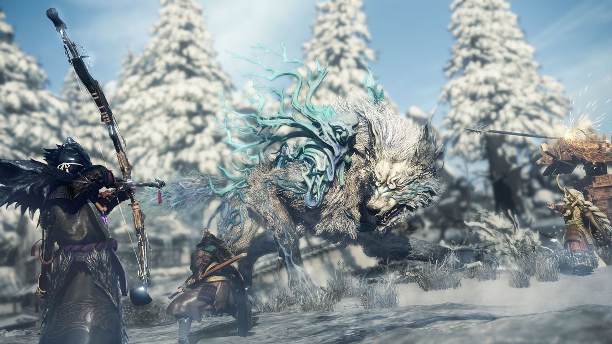 A player aims their bow at a wolf-like enemy in a wintery landscape in Wild Hearts